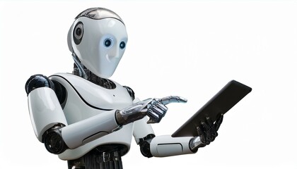 Ai robot using tablet isolate on transparency background PNG