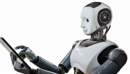 Ai robot using tablet isolate on transparency background PNG