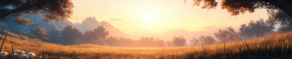 Obraz premium Golden Sunrise with Dew-Kissed Grass in a Calm Morning Park Landscape