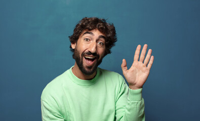 smiling happily and cheerfully, waving hand, welcoming and greeting you, or saying goodbye