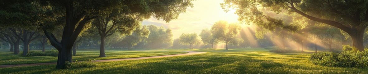 Obraz premium Scenic Morning Park Landscape with Dewy Grass and Soft Sunlight at Sunrise