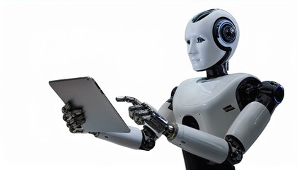 Ai robot using tablet isolate on transparency background PNG