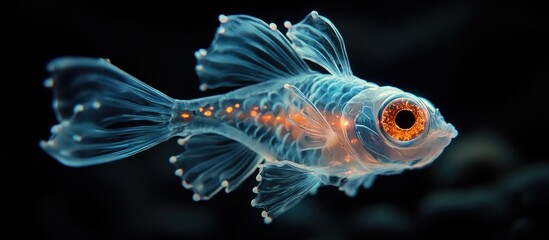 Fototapeta premium A translucent fish with glowing orange spots swims in a dark, aquatic environment.