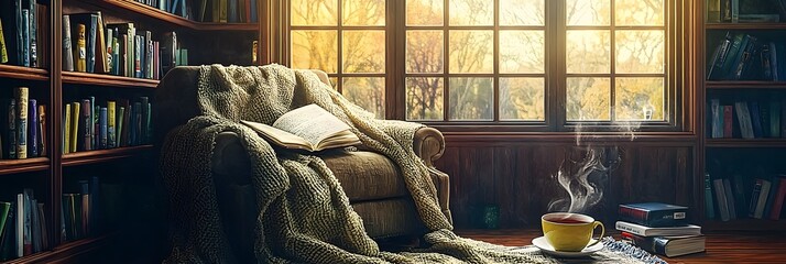 Naklejka premium Inviting and Serene Reading Nook with Comfortable Armchair Welcoming Blanket Wooden Bookshelf and Soothing Cup of Tea for an Afternoon of Relaxation and Escape