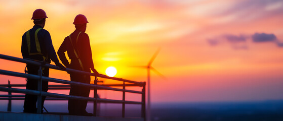 Fototapeta premium Two construction workers in safety gear observing a stunning sunset, with wind turbines in the background, symbolizing renewable energy.