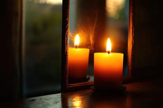 A single candle burning in front of a mirror, with the reflection creating a doubling effect of the light and flame