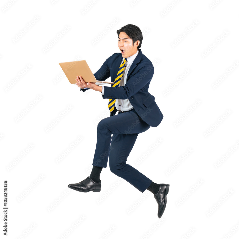 Poster ノートパソコンを使いながらジャンプする若い男性ビジネスパーソン　手作業で精密に切り抜いた背景透過全身