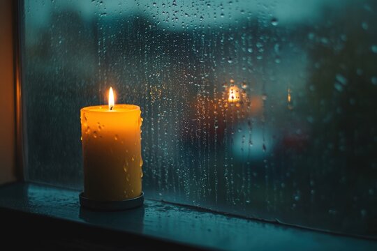 A single candle on a window sill, with raindrops gently hitting the glass, symbolizing melancholy and reflection