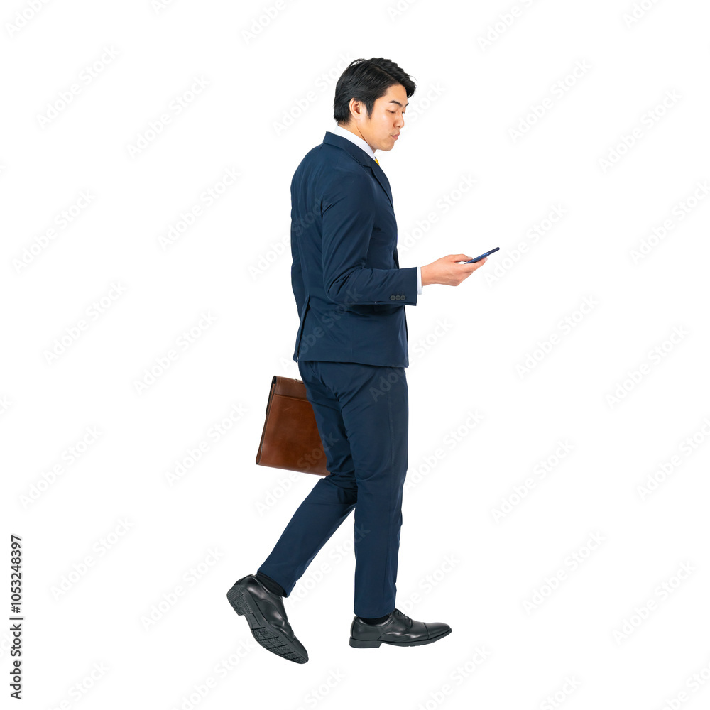 Aufkleber スマホを見ながら歩く若い男性ビジネスパーソン　手作業で精密に切り抜いた背景透過全身写真png
