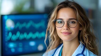 Young female doctor concentrating intently while interacting with a holographic data visualization interface