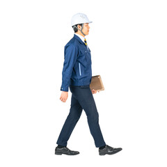 歩く男性作業員　手作業で精密に切り抜いた背景透過全身写真PNG