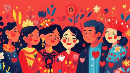 A diverse Valentine's Day celebration, with different cultural traditions and styles represented