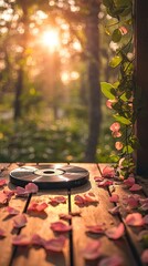 A vintage compact disc sits on a wooden surface surrounded by pink rose petals. The setting sun shines through trees in the background.