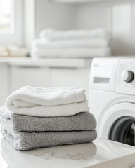 stack of fluffy white towels, freshly laundered and ready for use. The modern washing machine in the background