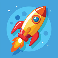 A yellow and red cartoon rocket blasts off into space with a trail of orange flames.