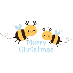 Merry Christmas with bee cartoon, reindeer antlers and hand written fonts isolated on white background vector.
