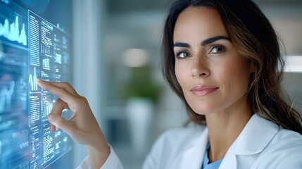 Female doctor interacting with a futuristic holographic medical display analyzing data with intelligence in modern healthcare research