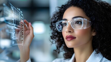 Portrait of a female healthcare professional showcasing her expertise by engaging with futuristic holographic medical data