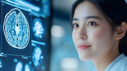 Female doctor using a futuristic holographic display to analyze and interpret complex healthcare data highlighting the intelligence and innovation in modern medical technology and practice