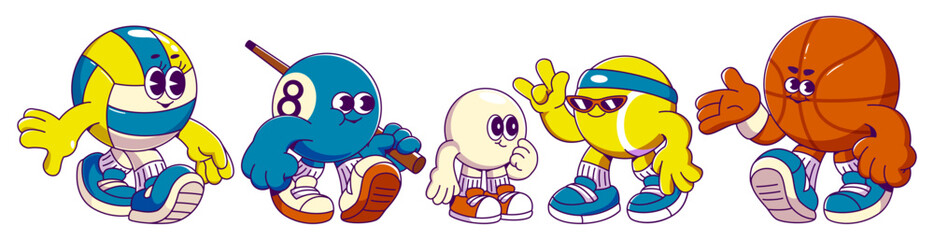 Retro cartoon sport balls mascots wearing sneakers. Vector collection of various sphere equipment with cute expressive faces, hands and feet - volleyball and billiard, tennis, golf and basketball.