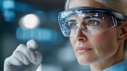 Close up portrait of a female doctor or researcher wearing protective goggles and interacting with a holographic medical interface