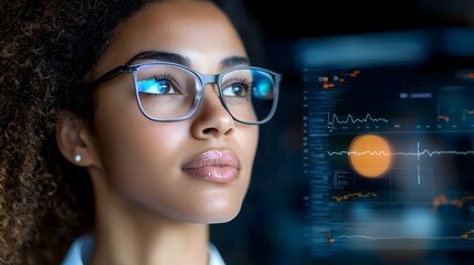 Female physician interacting with a futuristic holographic medical interface showcasing advanced data analysis and intelligence in cutting edge healthcare research and innovation
