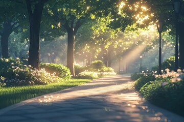 Scenic Morning Park Landscape with Dewy Grass and Soft Sunlight at Sunrise