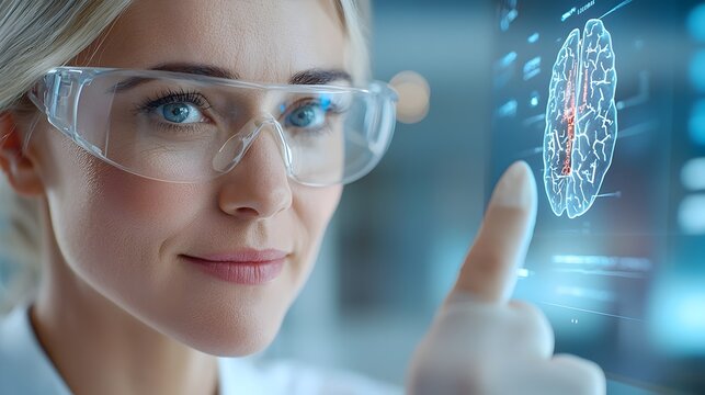 Female Healthcare Professional Interacting with Futuristic Holographic Medical Data Interface for Cutting Edge Healthcare Research and Analysis