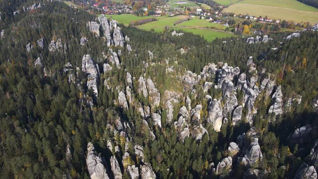 Aerial view of the Teplice Rocks, landscape of the Adrspach-Teplice Mountain Park in the Broumov Uplands region of Bohemia, Czech Republic
