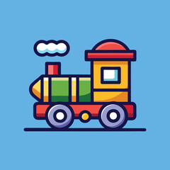 A colorful cartoon train with a puff of smoke, chugging along on a blue background.