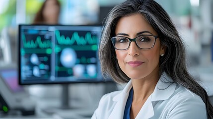 Female healthcare professional in a modern high tech workspace reviewing holographic medical data and statistics on a computer screen  Concept of advanced technology data analysis