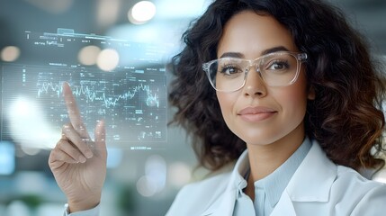 Female healthcare professional analyzing and reviewing medical records and data through a high tech futuristic holographic display interface in a modern innovative workspace setting