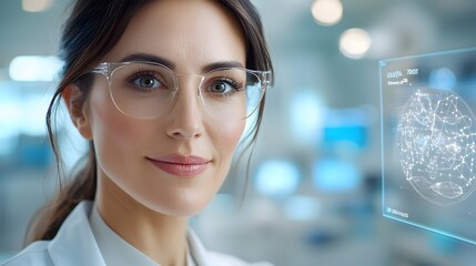 Cutting edge medical technology empowering a female doctor s interaction with holographic data in a futuristic high tech healthcare environment  The image showcases advanced scientific innovation