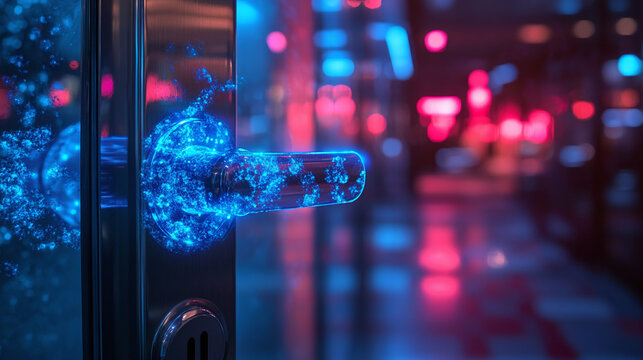 Visual representation of bacteria on a door handle in a public space, highlighting high-contact areas where germs accumulate


