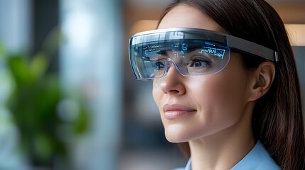 Portrait of a confident and focused young female doctor or medical researcher reviewing futuristic holographic displays of advanced healthcare data and information in a high tech