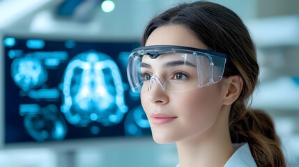 Female doctor analyzing and reviewing futuristic 3D holographic medical data and information in a modern high tech healthcare or medical research environment  Concept of advanced digital technology