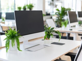 Fototapeta premium Modern clean office featuring ergonomic chairs and large monitors for a productive work environment.