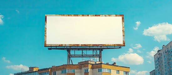 Blank billboard on top of a building against a bright blue sky.