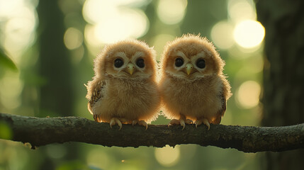 Fototapeta premium Baby owls perched together on tree branch with bokeh background
