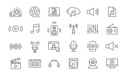 Audio and Video web icons. Cinema, play button, music. Vector illustration