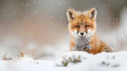 Obraz premium Portrait of cute red fox cub in the snow in winter time