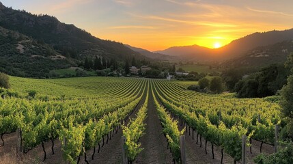 Fototapeta premium Scenic View of Rolling Vineyards at Sunset