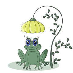 Cute flat Frog under the flower isolated white background. Children art with funny Frog. Vector illustration can used t-shirt print fabric wall decor  cover.
