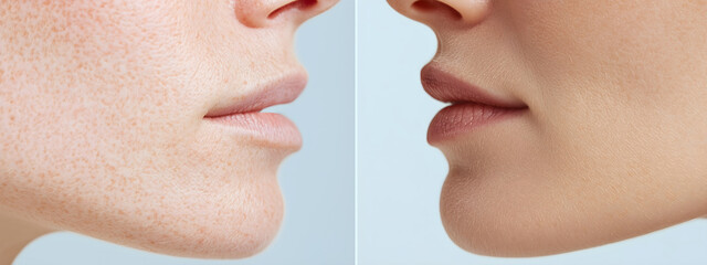 Obraz premium Face before and after treatment, showing reduction of scars and pigmentation spots, with an EGF serum. Rhytidectomy procedure, facelift surgery, anti age treatment