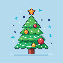 A cartoon Christmas tree with ornaments and a star on top. It is snowing lightly.