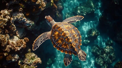 Fototapeta premium High-Definition Drone View of a Sea Turtle Gliding Gracefully Through Vibrant Coral Reefs, Capturing a Serene and Natural Underwater Ecosystem in Detailed Clarity
