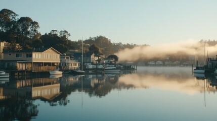 Serene Sunrise Over Foggy Bay with Reflections