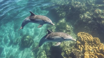Fototapeta premium Dolphins Swimming in Clear Water with Baby Dolphin