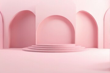 Symmetrical Pink 3D Stage with White Columns on Wood Floor Minimalistic and Modern Aesthetic in Soft Pastel Tones