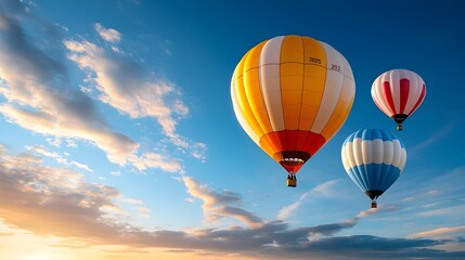 Obraz premium Vibrant colorful hot air balloons soaring gracefully against a stunning sunset sky with ethereal clouds forming the year 2025